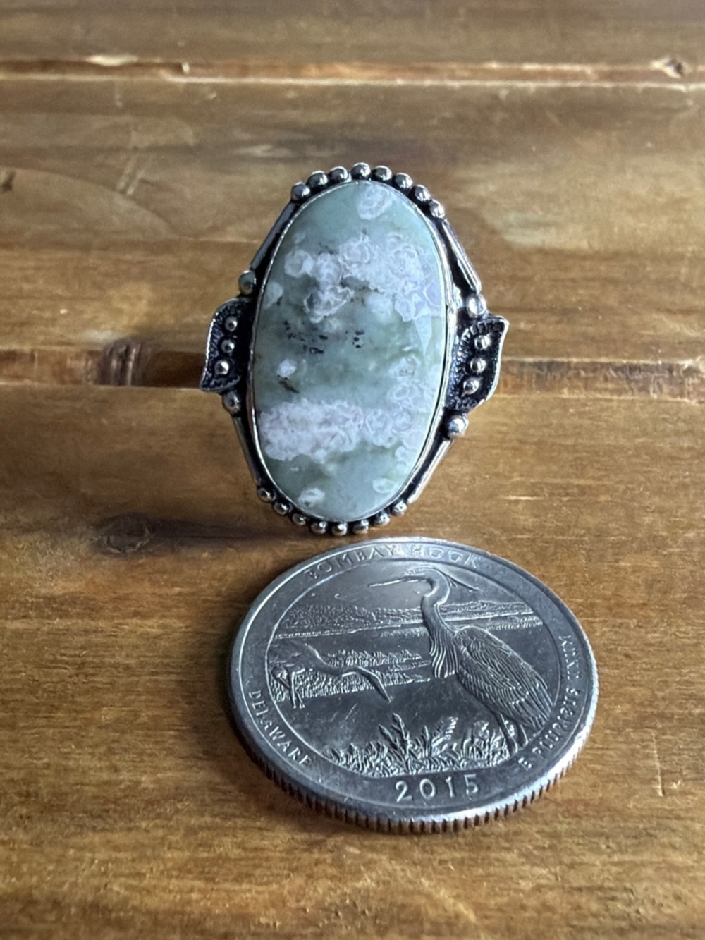 Vintage Boho Women Jewelry Variscite Gemstone Ring Size 7 Adjustable Silver 925 - Picture 2 of 4